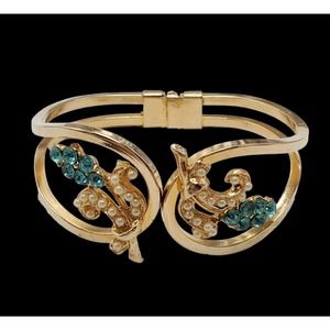 Vintage Blue Crystal Faux Pearl Bead Clamper Gold Metal Bracelet